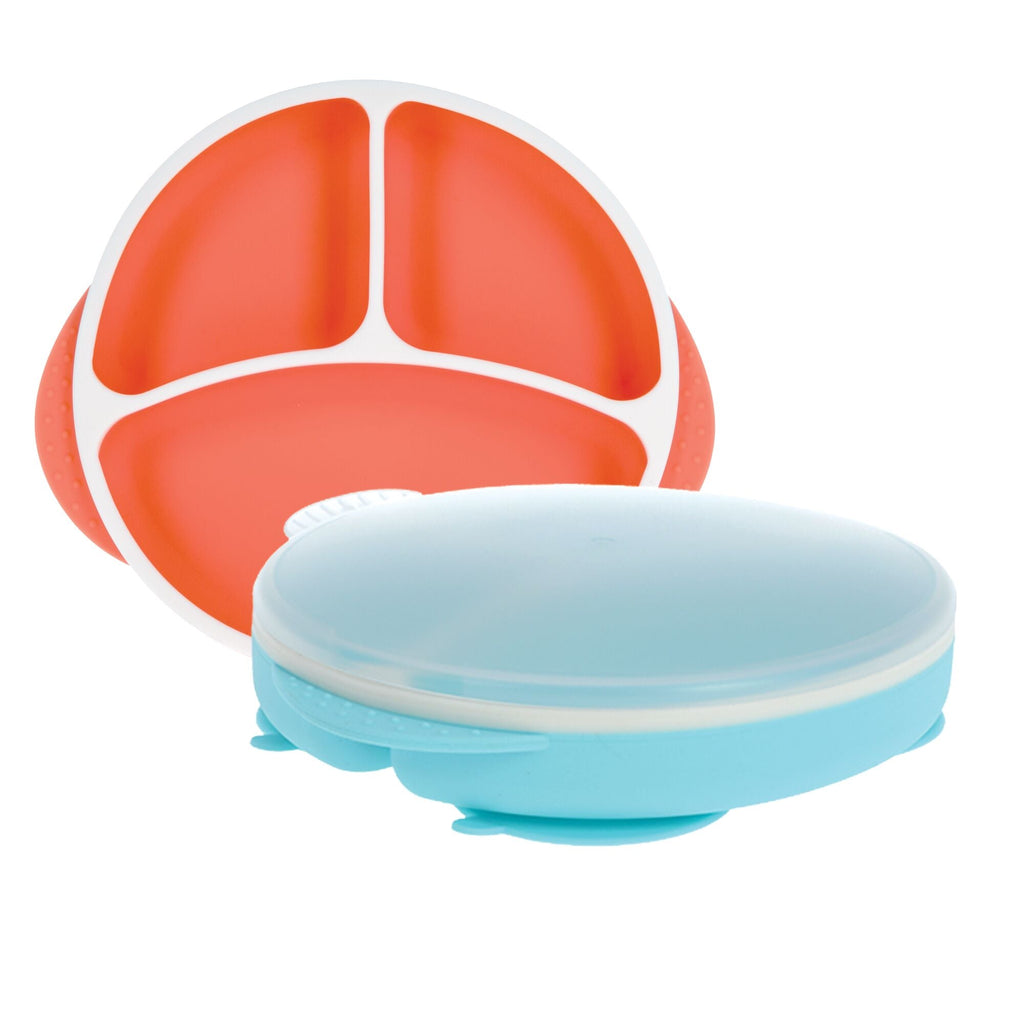 Round Silicone Suction Plate & Lid (2 Pack) | Orange / Aqua (AB3K)