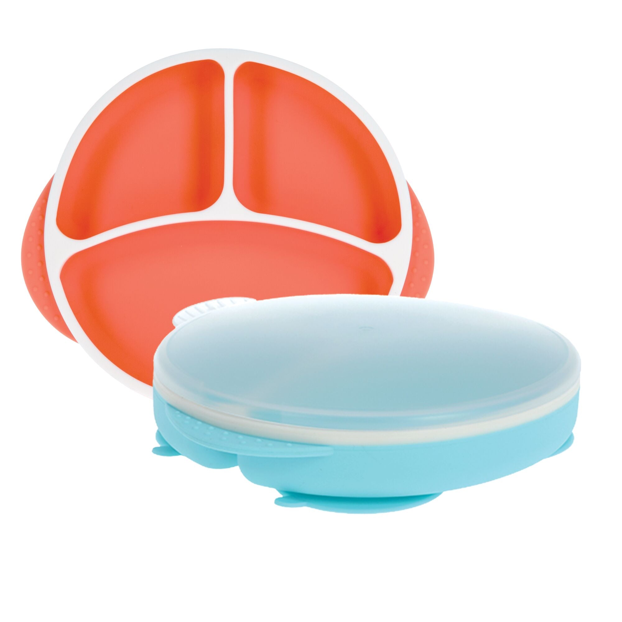 Round Silicone Suction Plate & Lid (2 Pack) | Orange / Aqua (AB3K)