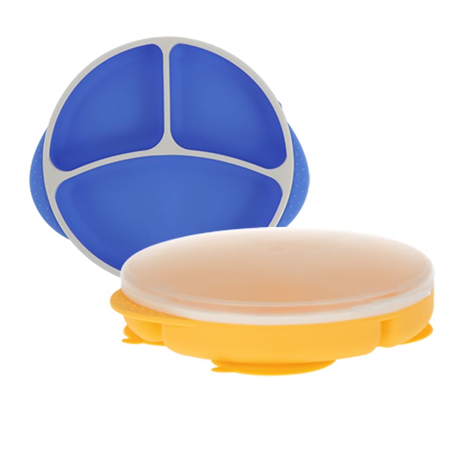 Round Silicone Suction Plate & Lid (2 Pack) | Blue / Yellow (QX79)